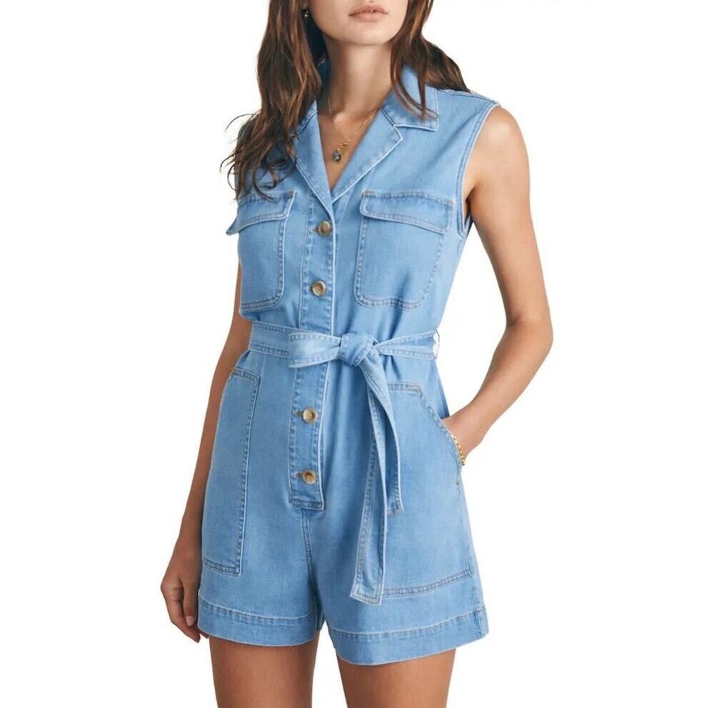 Faherty Utility Denim Belted Sleeveless Organic Cotton Linen Romper Size 4